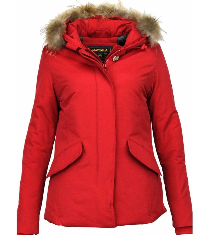 Beluomo Fur Collar Coat - Women's Winter Coat Wooly Short - Red