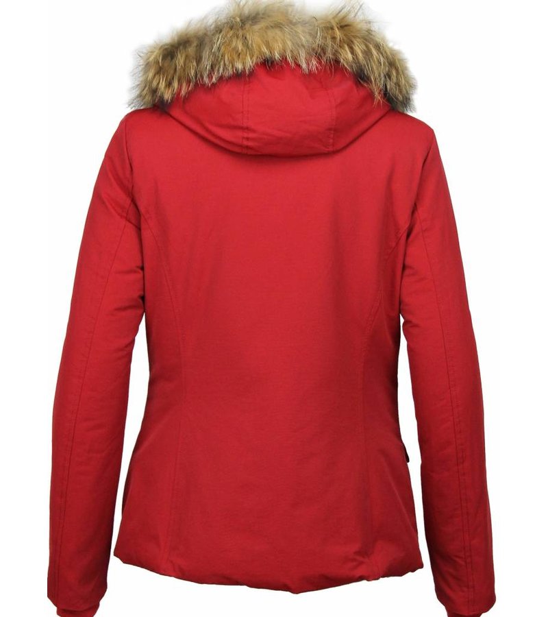 Beluomo Fur Collar Coat - Women's Winter Coat Wooly Short - Red