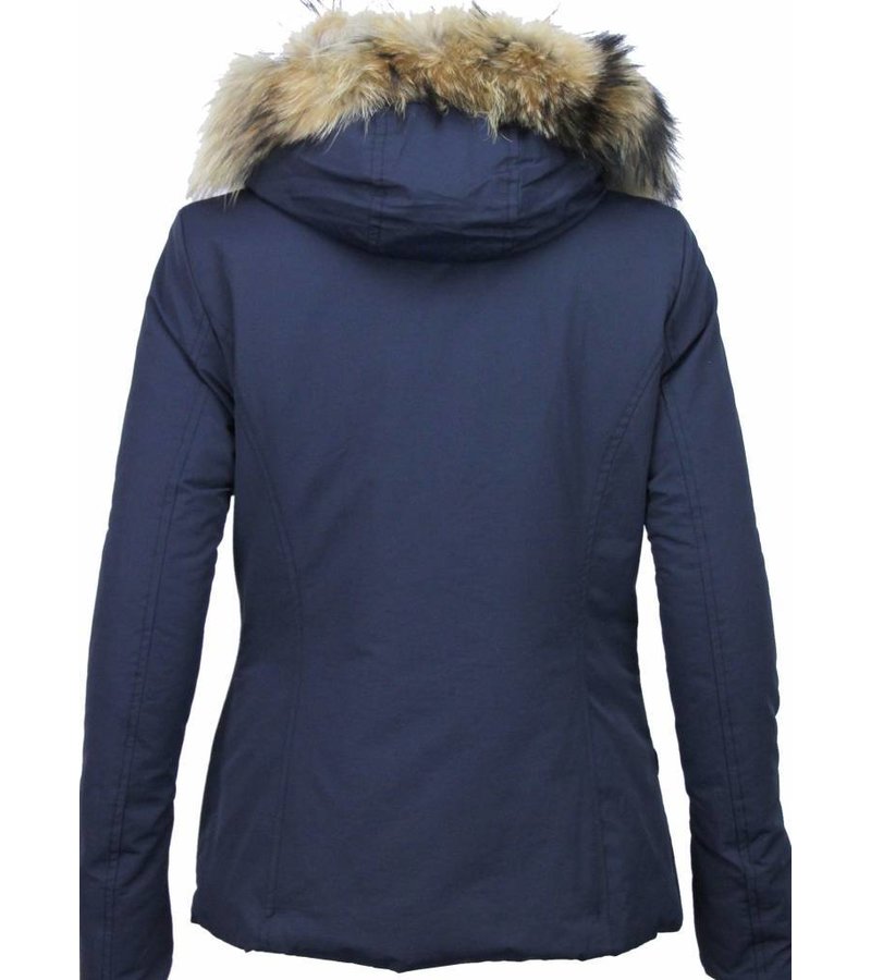 Beluomo Fur Collar Coat - Women's Winter Coat Wooly Short - Blue