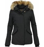 Beluomo Fur Collar Coat - Women's Winter Coat Wooly Short - Black