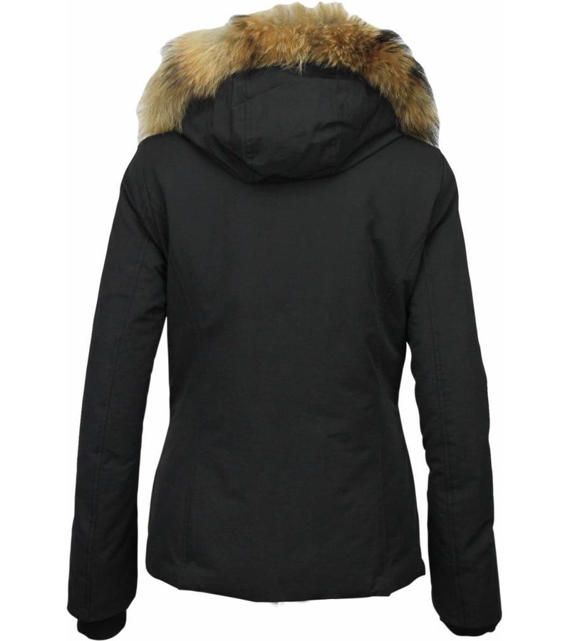 Beluomo Fur Collar Coat - Women's Winter Coat Wooly Short - Black