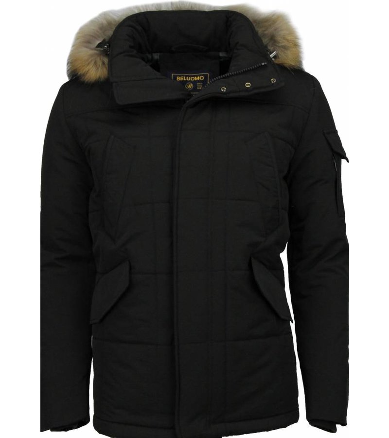 Beluomo Fur Collar Coat - Men Winter Coat Long - Parka - Black/Brown