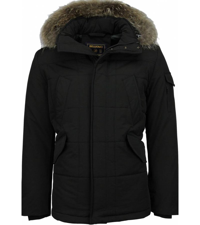 Beluomo Fur Collar Coat - Men Winter Coat Long -  Parka - Black/Brown