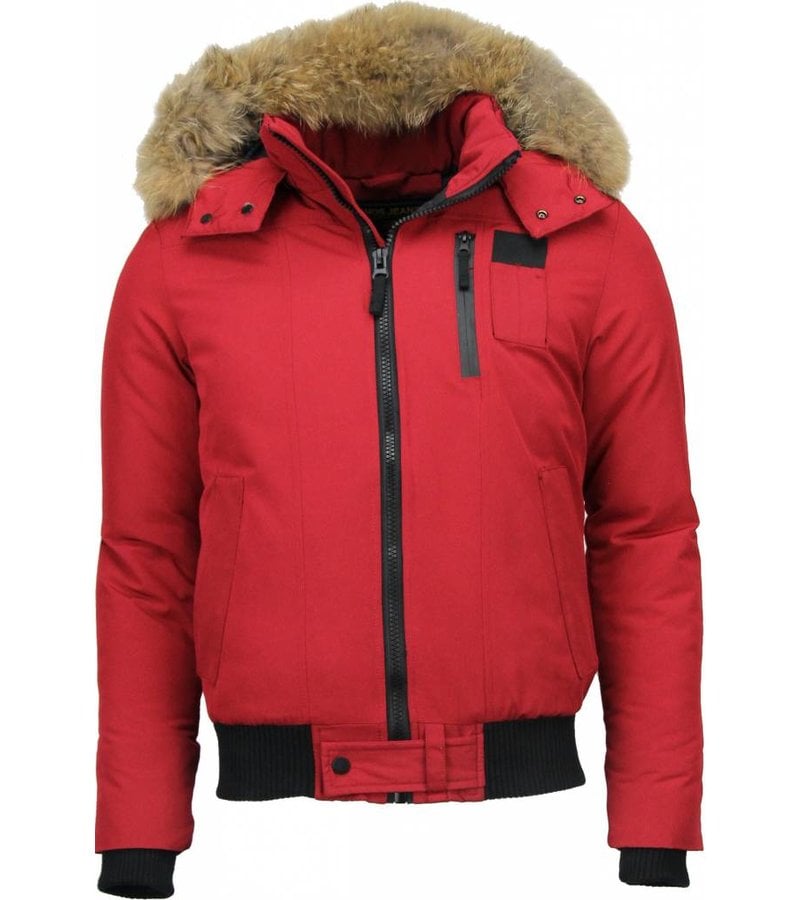 Enos Fur Collar Coat - Men Winter Coat Short - Large Fur Collar - Red