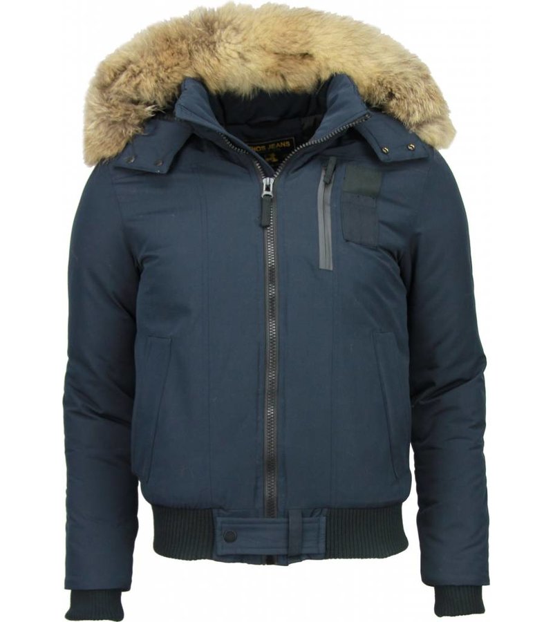 Enos Fur Collar Coat - Men Winter Coat Short - Large Fur Collar - Blue