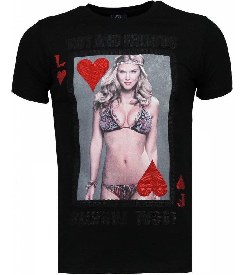 Local Fanatic Hot & Famous Poker - Bar Refaeli Rhinestone T-shirt - Black