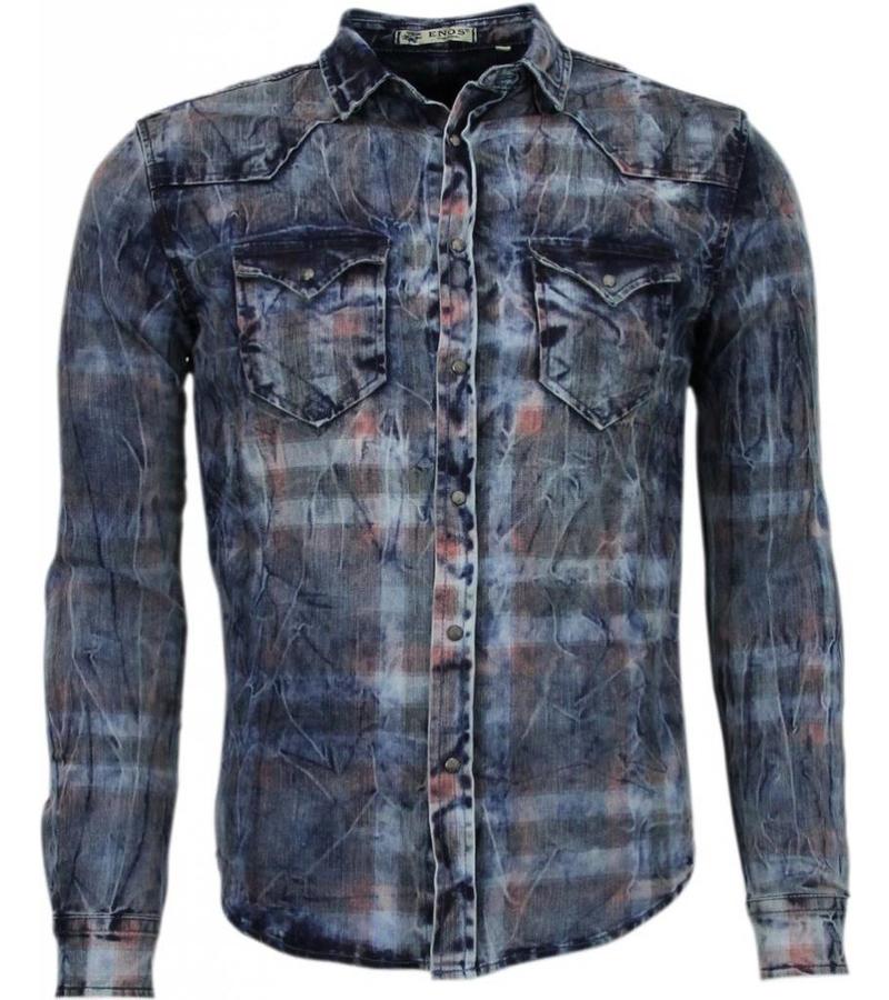 Enos Denim Shirts - Slim Fit Long Sleeve Shirt - Color Print - Blue