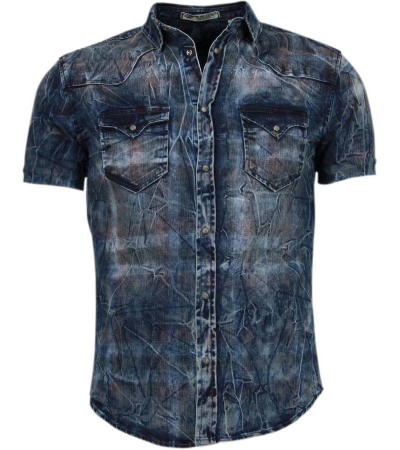 Enos Denim Shirts - Slim Fit Short Sleeve Shirt - Color Print - Blue