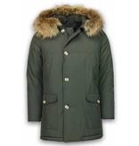 Enos Fur Collar Coat - Men Winter Coat Wooly Long - Large XL Fur Collar - Parka 4 pocket  - Green