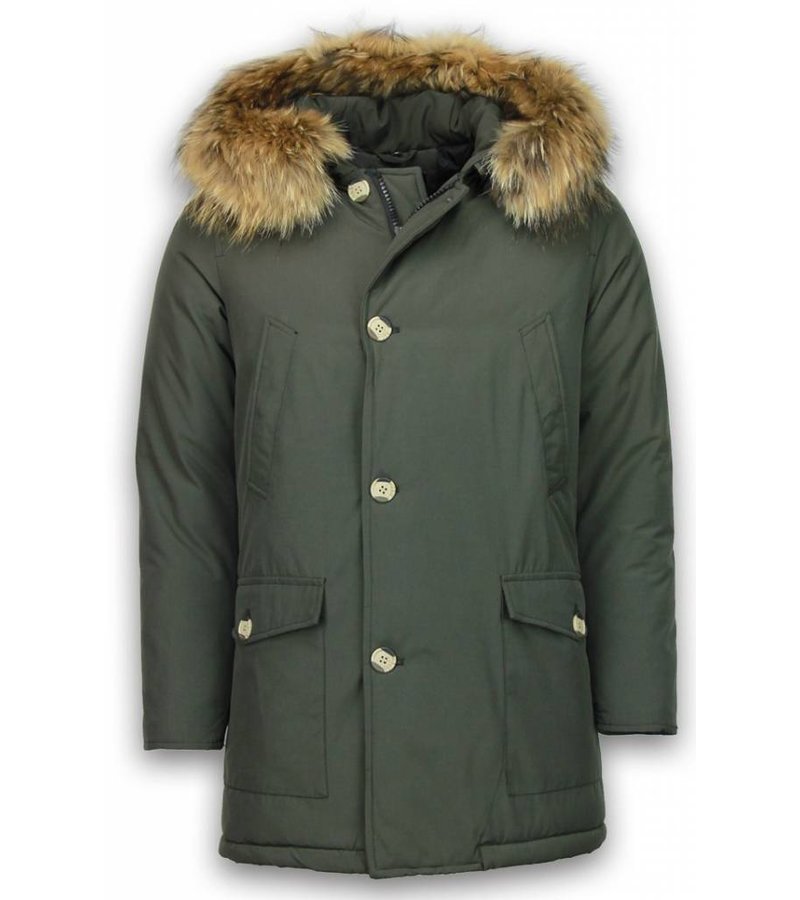 Enos Fur Collar Coat - Men Winter Coat Wooly Long - Large XL Fur Collar - Parka 4 pocket  - Green