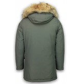 Enos Fur Collar Coat - Men Winter Coat Wooly Long - Large XL Fur Collar - Parka 4 pocket  - Green