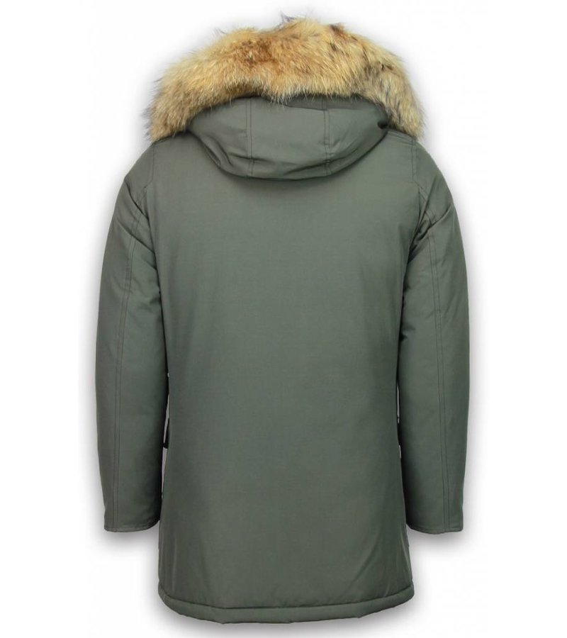 Enos Fur Collar Coat - Men Winter Coat Wooly Long - Large XL Fur Collar - Parka 4 pocket  - Green