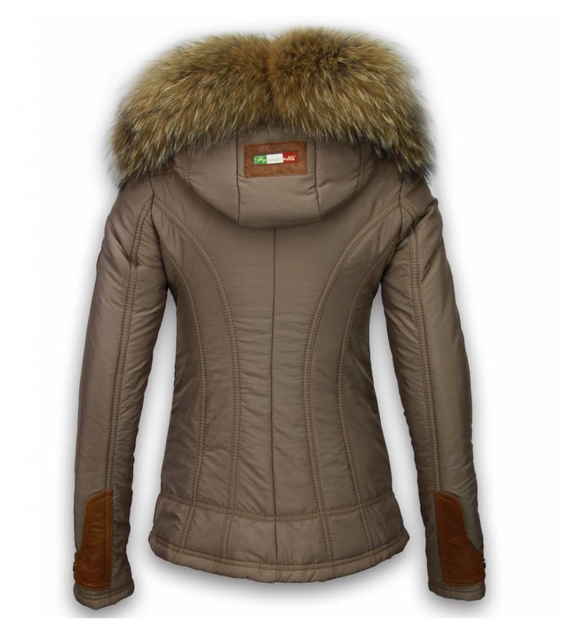 Milan Ferronetti Fur Collar Coat - Women's Winter Coat Short - 3 Zippers With Leather Piece - Beige