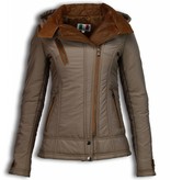 Milan Ferronetti Fur Collar Coat - Women's Winter Coat Short - 3 Zippers With Leather Piece - Beige