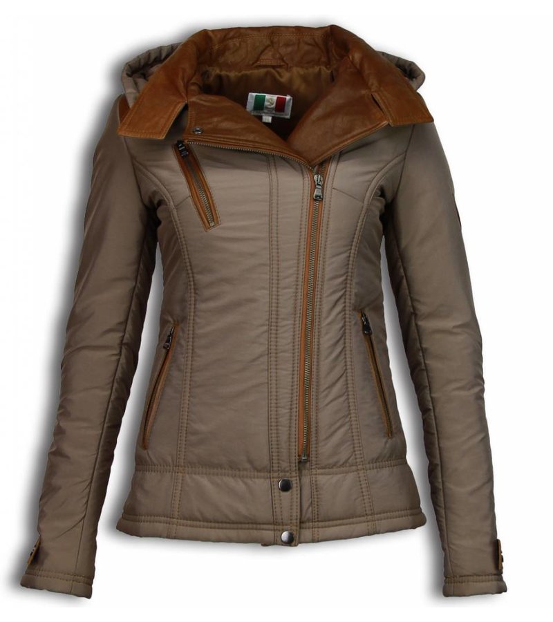 Milan Ferronetti Fur Collar Coat - Women's Winter Coat Short - 3 Zippers With Leather Piece - Beige