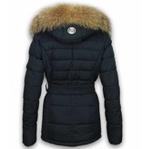 Milan Ferronetti Fur Collar Coat - Women's Winter Coat Long - Stitch Pocket With Belt - Navy