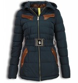 Milan Ferronetti Fur Collar Coat - Women's Winter Coat Long - Stitch Pocket With Belt - Navy