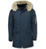 Enos Fur Collar Coat - Men Winter Coat Long - XL Fur Collar - Parka - Blue