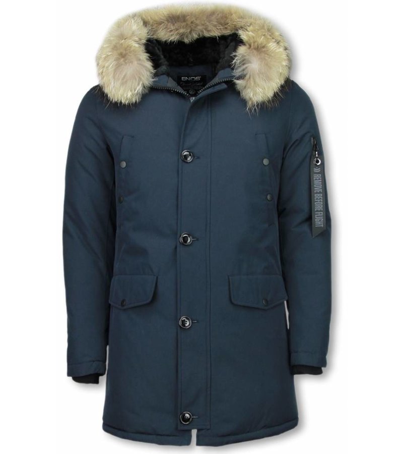 Enos Fur Collar Coat - Men Winter Coat Long - XL Fur Collar - Parka - Blue