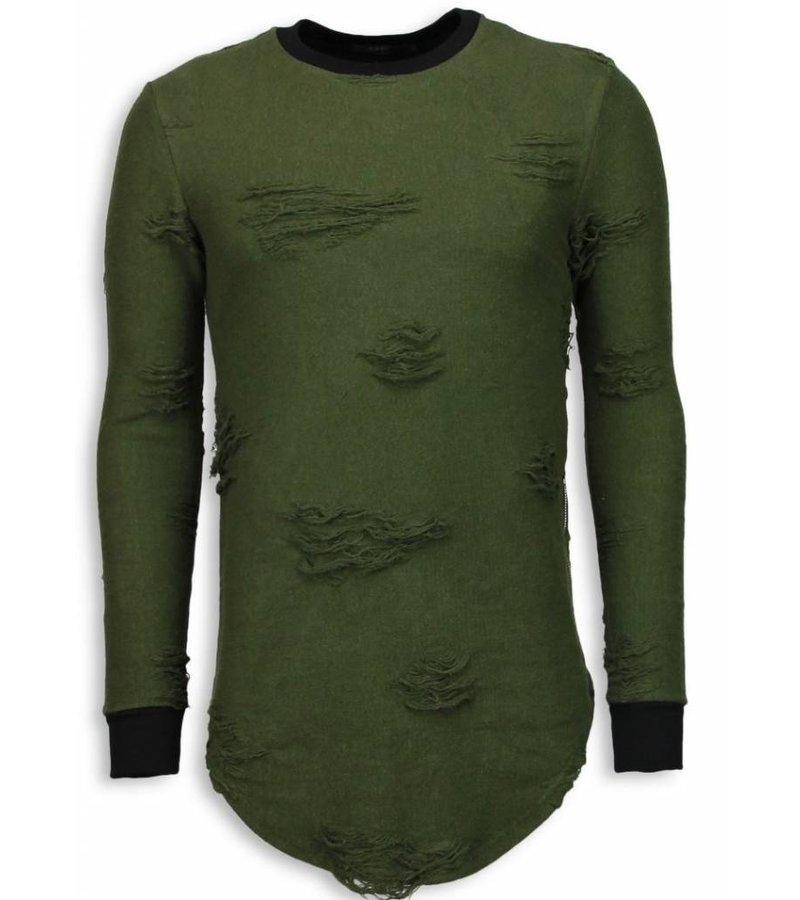 John H Destroyed Look Sweater - New Trend Long Fit Sweater - Green