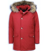 Enos Fur Collar Coat - Men Winter Coat Wooly Long - Large XL Fur Collar - Parka 4 pocket - Red