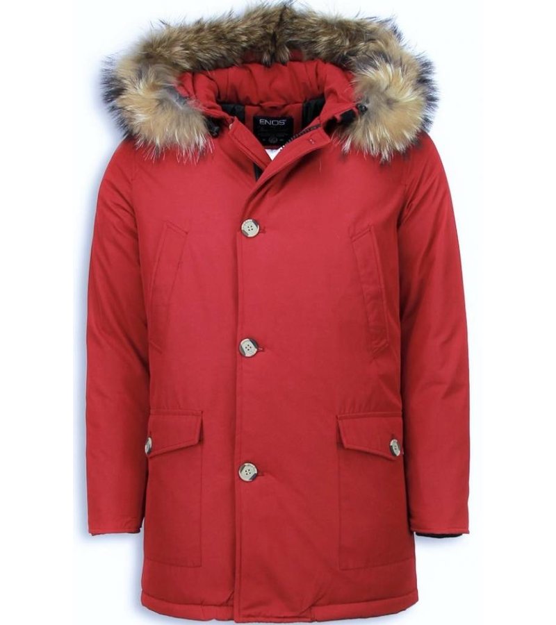 Enos Fur Collar Coat - Men Winter Coat Wooly Long - Large XL Fur Collar - Parka 4 pocket - Red