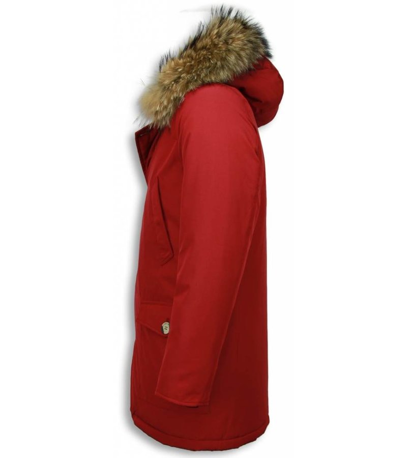 Enos Fur Collar Coat - Men Winter Coat Wooly Long - Large XL Fur Collar - Parka 4 pocket - Red