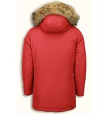 Enos Fur Collar Coat - Men Winter Coat Wooly Long - Large XL Fur Collar - Parka 4 pocket - Red