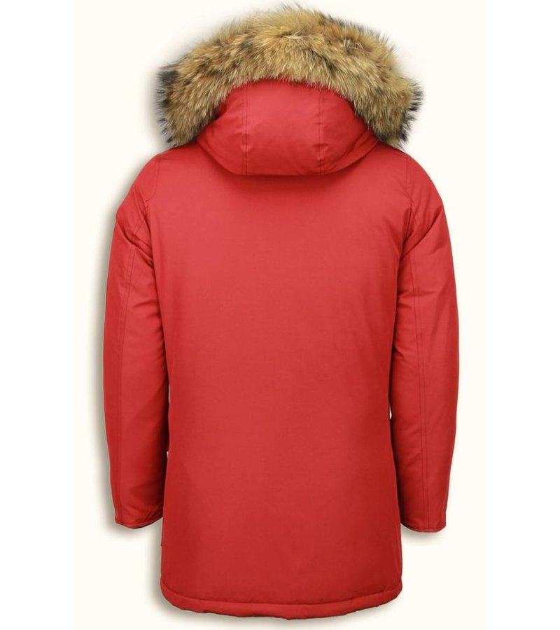 Enos Fur Collar Coat - Men Winter Coat Wooly Long - Large XL Fur Collar - Parka 4 pocket - Red