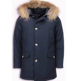 Enos Fur Collar Coat - Men Winter Coat Wooly Long - Large XL Fur Collar - Parka 4 pocket - Blue