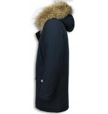 Enos Fur Collar Coat - Men Winter Coat Wooly Long - Large XL Fur Collar - Parka 4 pocket - Blue