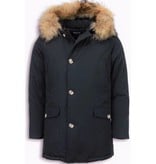 Enos Fur Collar Coat - Men Winter Coat Wooly Long - Large XL Fur Collar  - Parka 4 pocket - Black