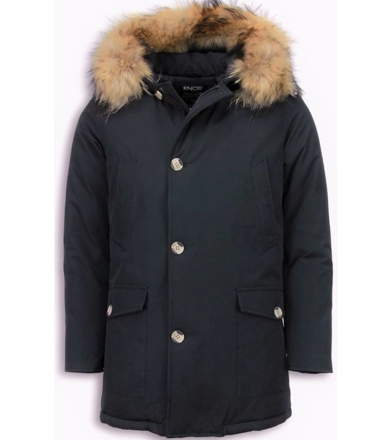 Enos Fur Collar Coat - Men Winter Coat Wooly Long - Large XL Fur Collar  - Parka 4 pocket - Black