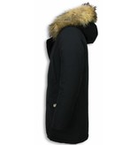 Enos Fur Collar Coat - Men Winter Coat Wooly Long - Large XL Fur Collar  - Parka 4 pocket - Black