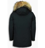 Enos Fur Collar Coat - Men Winter Coat Wooly Long - Large XL Fur Collar  - Parka 4 pocket - Black