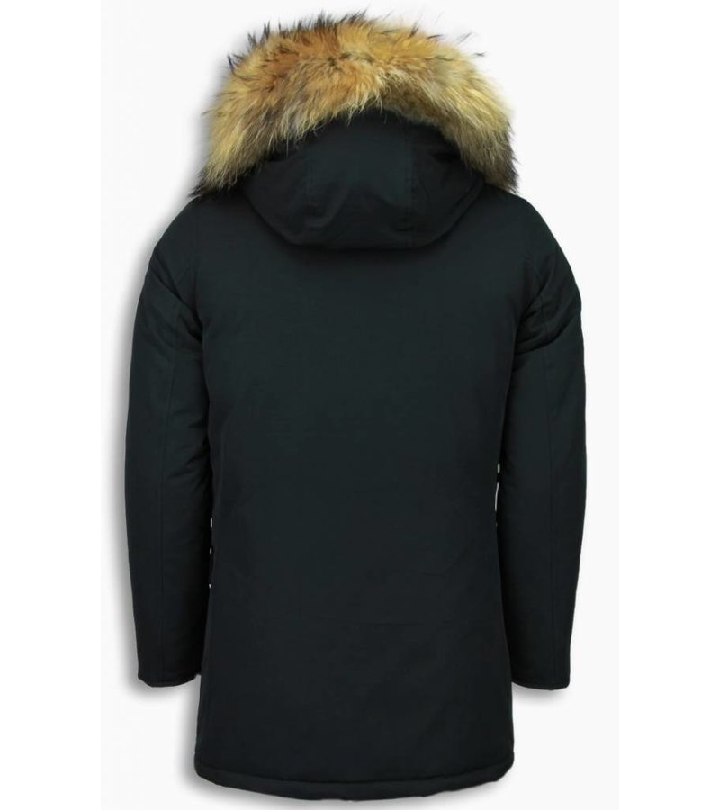 Enos Fur Collar Coat - Men Winter Coat Wooly Long - Large XL Fur Collar  - Parka 4 pocket - Black