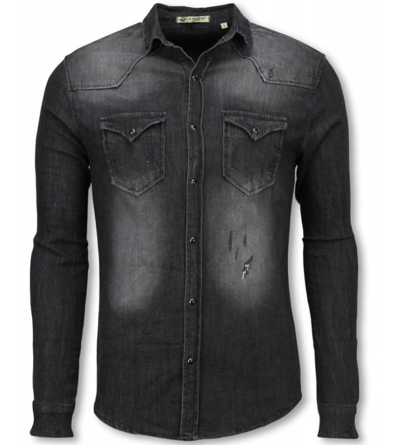 Enos Denim Shirts - Slim Fit Long Sleeve Shirt - Washed - Grey