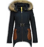 Milan Ferronetti Fur Collar Coat - Women's Winter Coat Long - Abstract Belt - Leather pieces - Blue