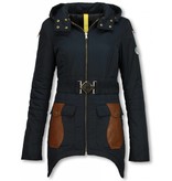 Milan Ferronetti Fur Collar Coat - Women's Winter Coat Long - Abstract Belt - Leather pieces - Blue