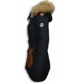 Milan Ferronetti Fur Collar Coat - Women's Winter Coat Long - Abstract Belt - Leather pieces - Blue