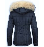 Milan Ferronetti Fur Collar Coat  - Women's Winter Coat Short - Beads Edition - Blue