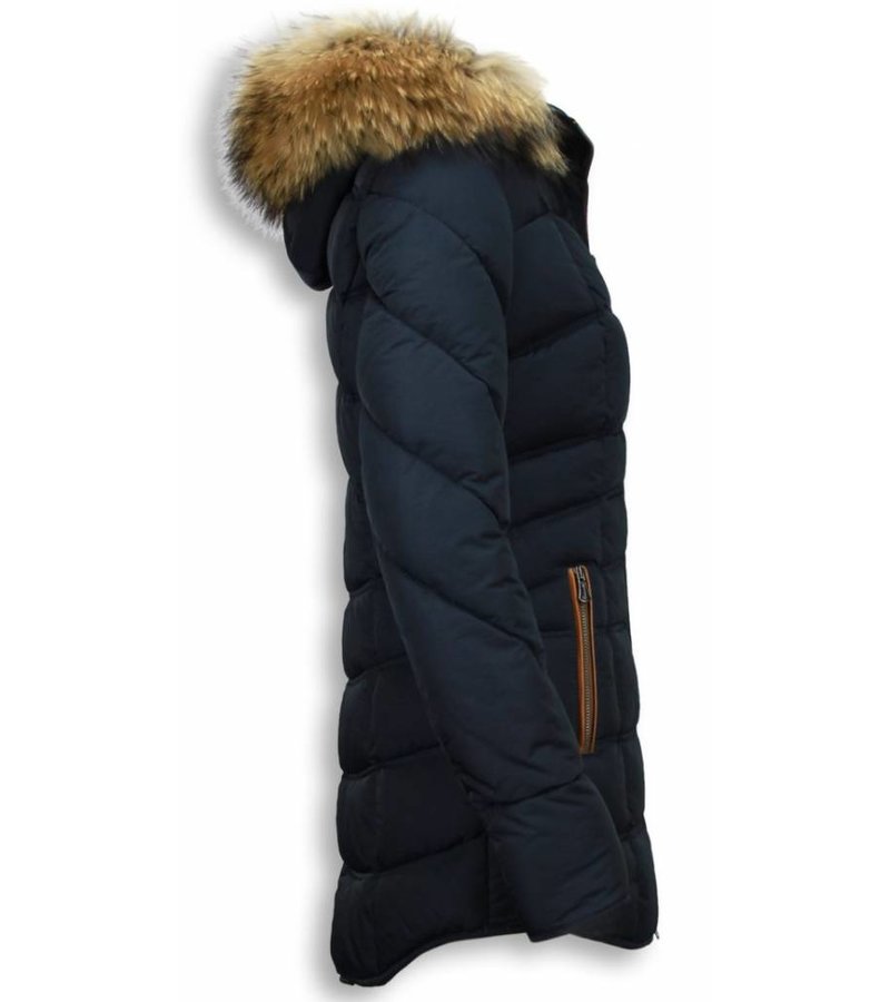 Milan Ferronetti Fur Collar Coat - Women's Winter Coat Long - Stitched- Country Edition - Blue