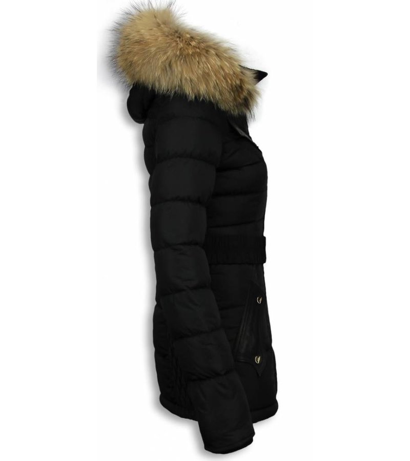 Milan Ferronetti Fur Collar Coat - Women's Winter Coat Mid Long - Black On Black Edition - Black