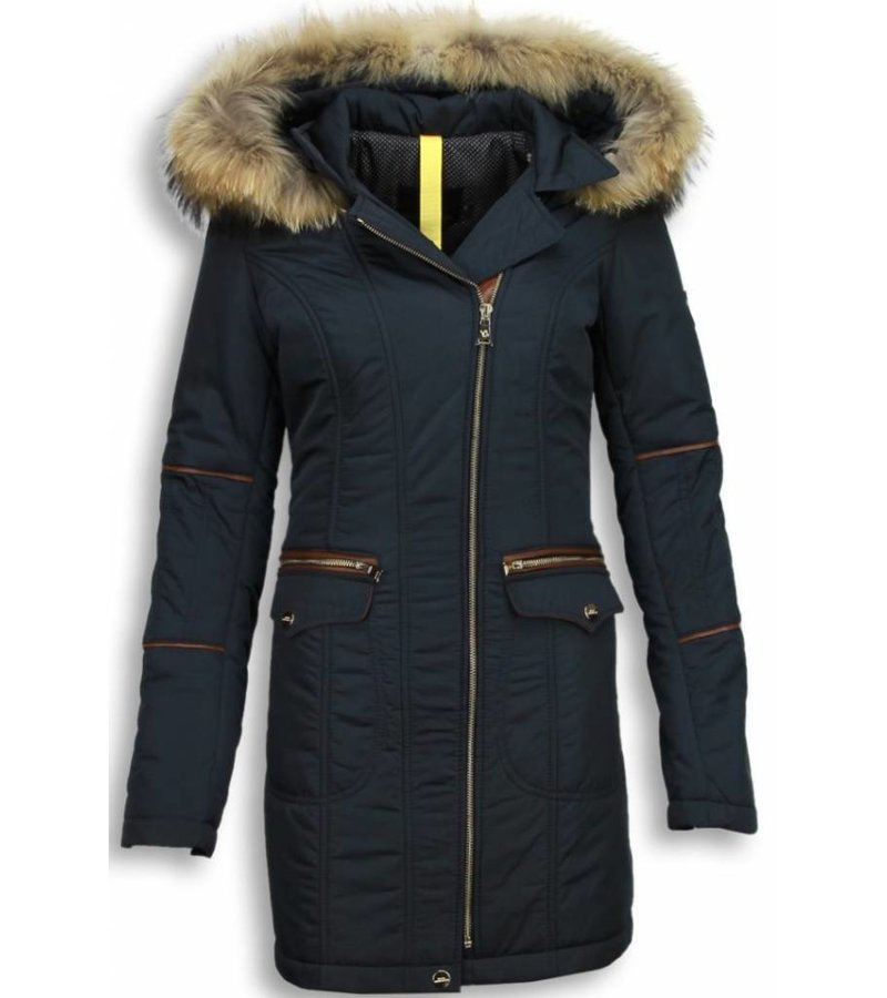 Milan Ferronetti Fur Collar Coat  - Women's Winter Coat Long - Oblique Zipper and Stitch Pockets - Blue