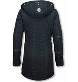 Milan Ferronetti Fur Collar Coat  - Women's Winter Coat Long - Oblique Zipper and Stitch Pockets - Blue