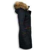 Milan Ferronetti Fur Collar Coat  - Women's Winter Coat Long - Oblique Zipper and Stitch Pockets - Blue