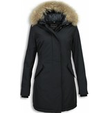 Gentile Bellini Fur Collar Coat  -  Women's Winter Coat Wooly Long - Large Fur Collar - Black