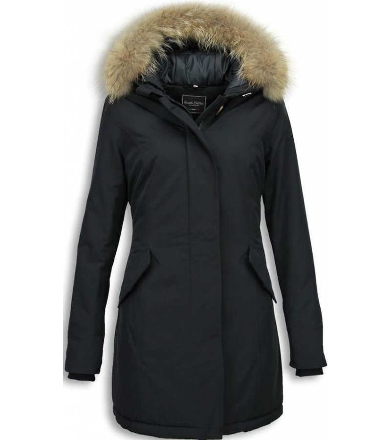 Gentile Bellini Fur Collar Coat  -  Women's Winter Coat Wooly Long - Large Fur Collar - Black