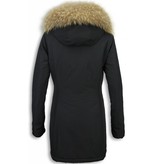 Gentile Bellini Fur Collar Coat  -  Women's Winter Coat Wooly Long - Large Fur Collar - Black