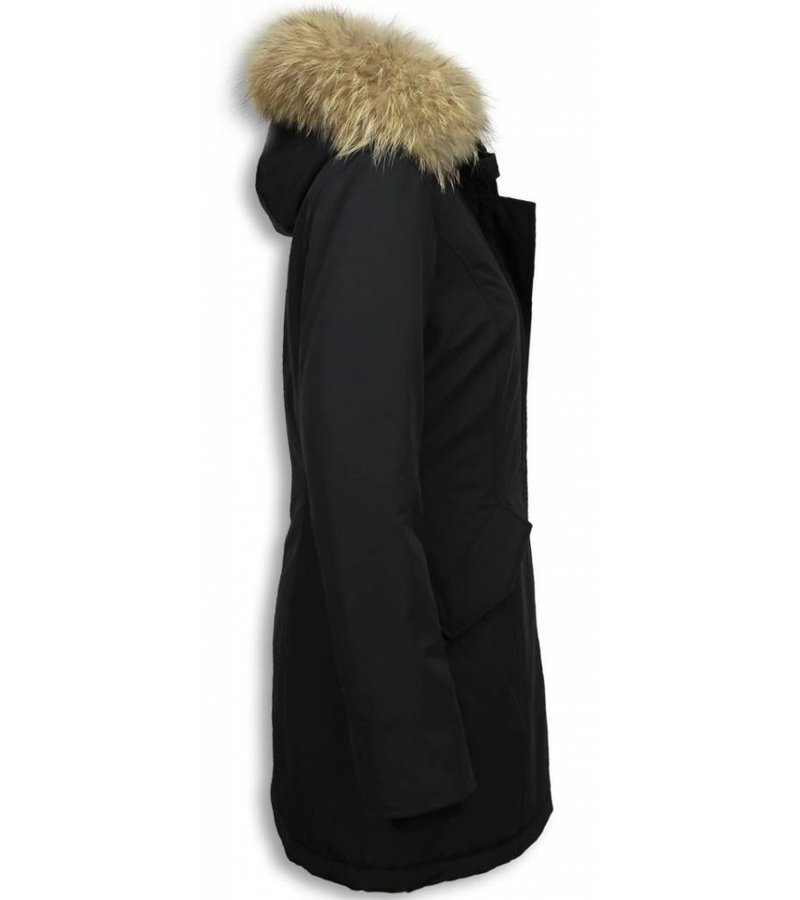 Gentile Bellini Fur Collar Coat  -  Women's Winter Coat Wooly Long - Large Fur Collar - Black
